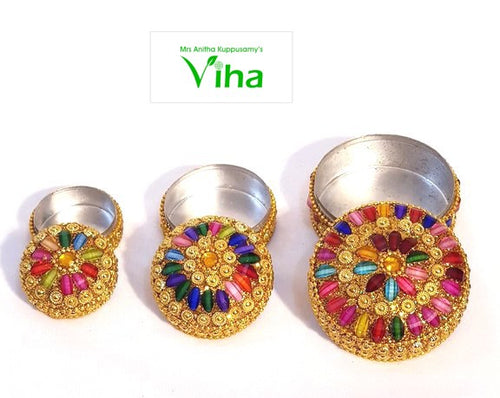 Designer Multi Purpose Box, three round gold-toned lidded boxes with colourful beadwork on the lids