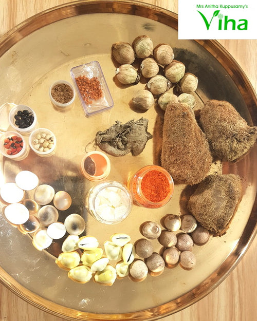 11 Pooja Things Set, a gold-toned tray holding various items