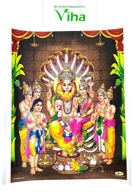 Lakshmi Narasimha Photo - Big, Narasimha seated with Lakshmi, attendants at either side within a carved stone arch