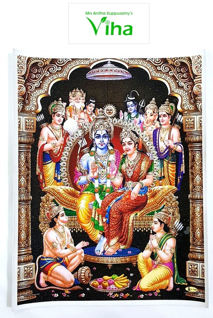 Ramar Pattabhishegam Photo - Big, the coronation of Rama in a carved arch, the court attending