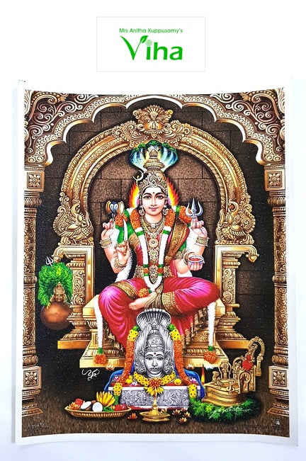 Karumariamman Photo - Big, Karumari Amman seated in a carved wooden shrine, garlands and lamps around her