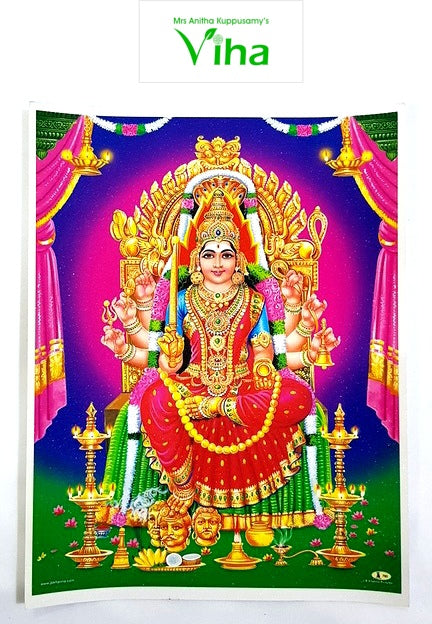 Samayapuram Mariamman Photo - Big, Mariamman crowned and seated in a red sari under heavy garlands, a brass lamp at each side