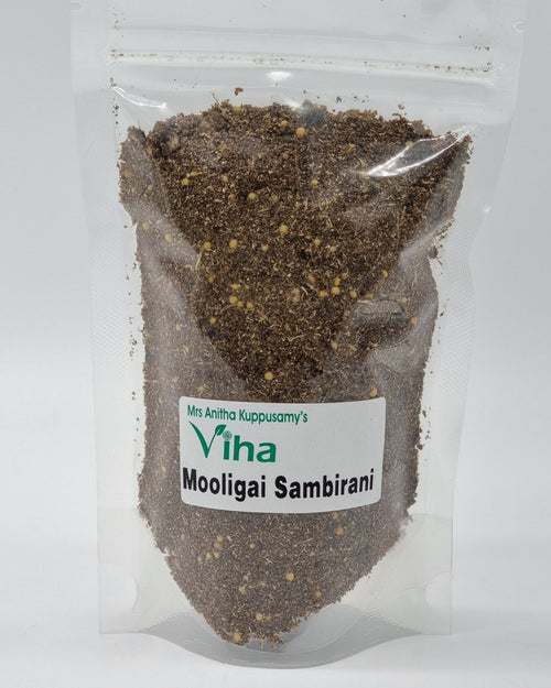 Mooligai Sambrani (51-herb blend), dark herbal powder in a labelled stand-up pouch
