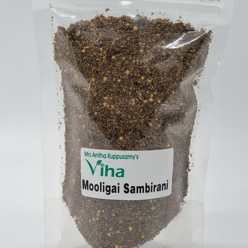 Mooligai Sambrani (51-herb blend), dark herbal powder in a labelled stand-up pouch