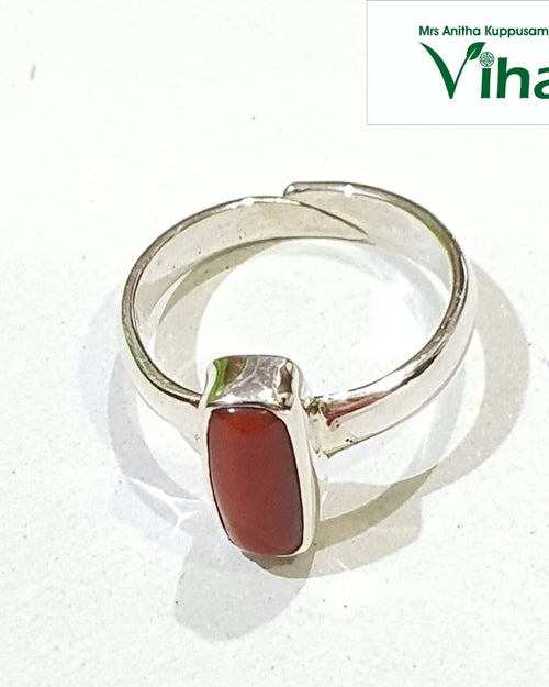 Natural Coral Silver Ring with rectangular stone