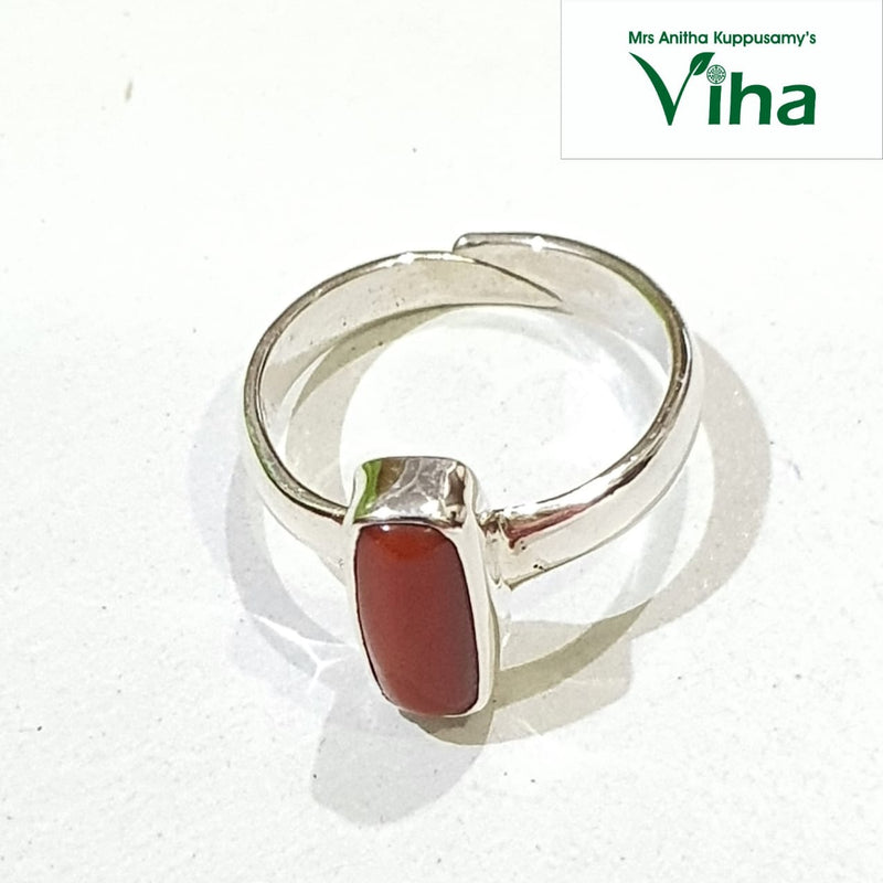 Natural Coral Silver Ring with rectangular stone