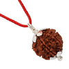 4 Mukhi Rudraksh, a brown bead pendant with silver caps on a red cord