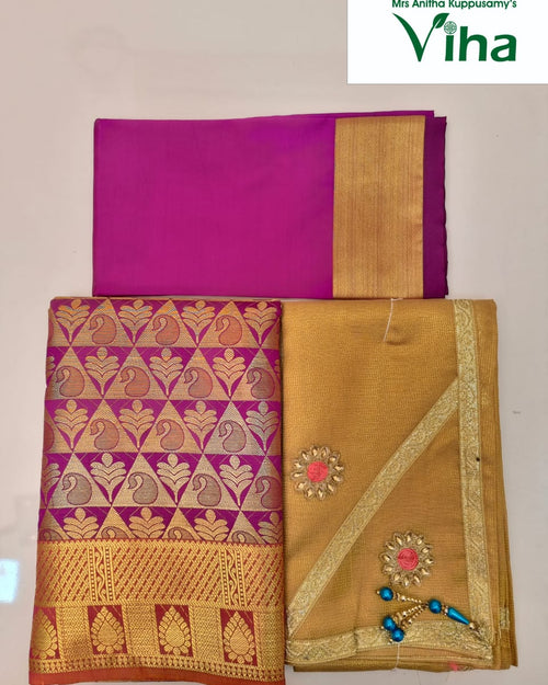 Apoorva Silk Half Saree Set, a magenta fabric piece with gold-toned borders alongside a patterned magenta textile and a gold-toned piece with floral motifs