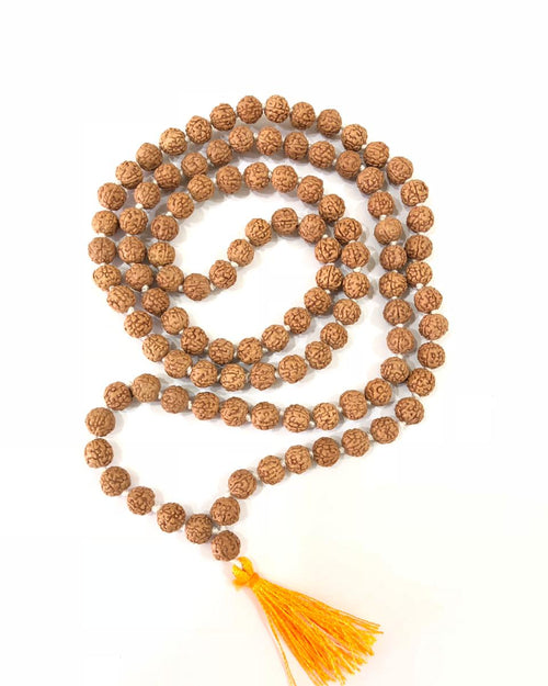 Wearable Rudraksh Mala, a long coiled strand of brown rudraksha beads with an orange tassel