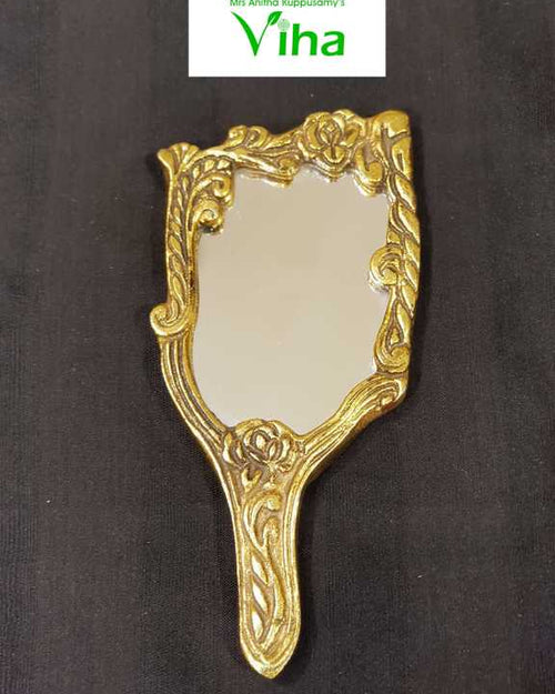 Rectangle Shape Mirror, a hand mirror featuring a gold-toned frame with ornate floral and scroll embossed details surrounding one central reflective surface