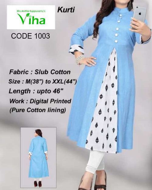 Trendy Slub Cotton Kurti with front buttons and long sleeves