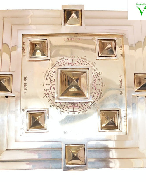 Vedic Vastu Pyramid Mandala, a glossy silver-toned metallic square plate inscribed with text, featuring nine raised pyramids in a central layout