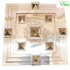 Vedic Vastu Pyramid Mandala, a glossy silver-toned metallic square plate inscribed with text, featuring nine raised pyramids in a central layout