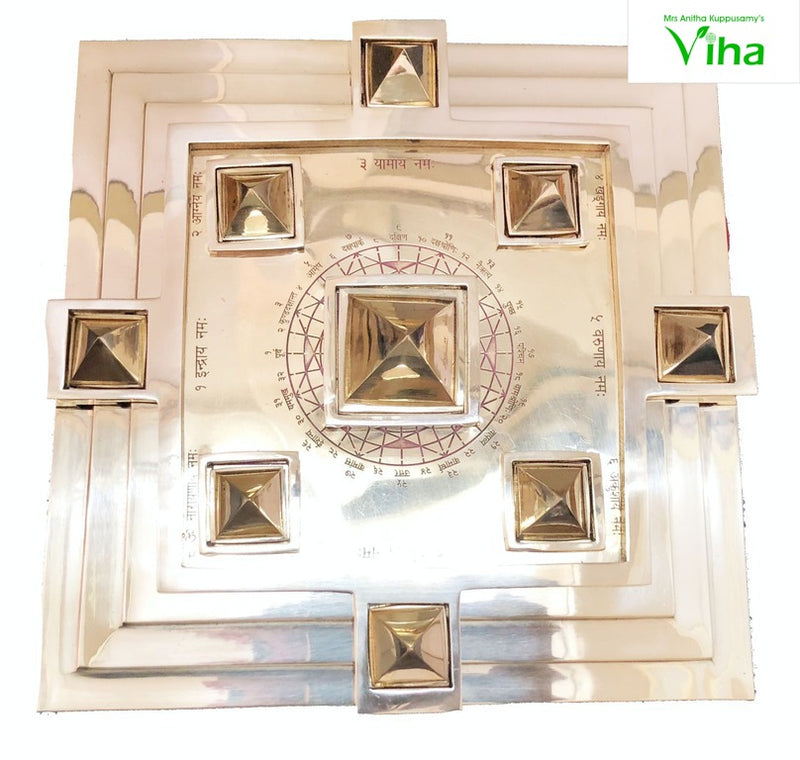 Vedic Vastu Pyramid Mandala, a glossy silver-toned metallic square plate inscribed with text, featuring nine raised pyramids in a central layout