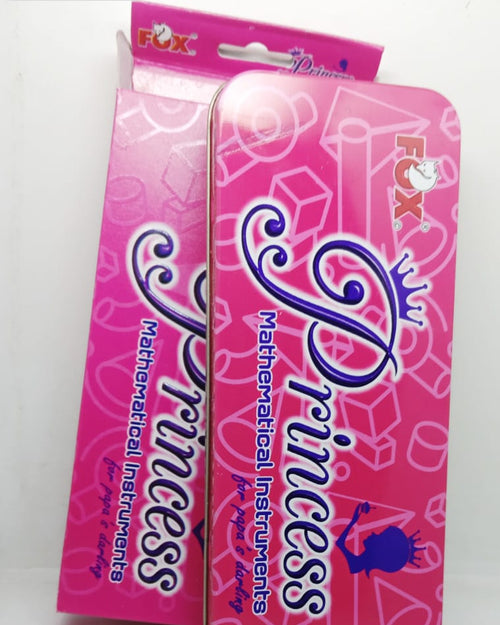 Pink FOX Princess geometry tin box, open to show a compass, protractor, ruler, two set squares, pencil, eraser and sharpener