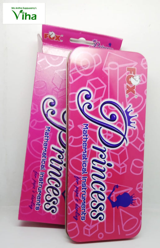 Pink FOX Princess geometry tin box, open to show a compass, protractor, ruler, two set squares, pencil, eraser and sharpener
