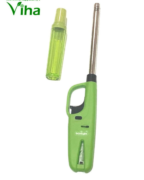 Multipurpose Gas Lighter, a green refillable lighter with a long nozzle beside its gas refill canister