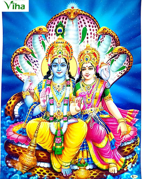 Sri Maha Vishnu Mahalakshmi Photo, a colorful print depicts two figures under five cobra heads, adorned in crowns and holding lotus flowers