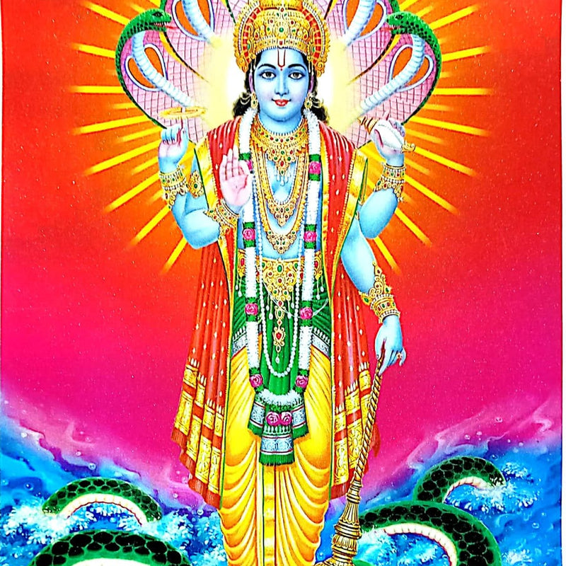 Sri Maha Vishnu Photo - Big, Vishnu standing with the conch, discus and mace, a five-hooded serpent behind him and the ocean below