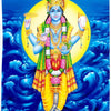 Shri Dhanvantri Bhagavan, a color illustration features a four-armed blue-skinned figure wearing gold-toned regalia before a yellow disc and blue waves