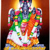 Sri Hayagreevar Photo, a glossy print shows a dark grey figure with a horse head, adorned with garlands of white, pink, and green flowers, and yellow text