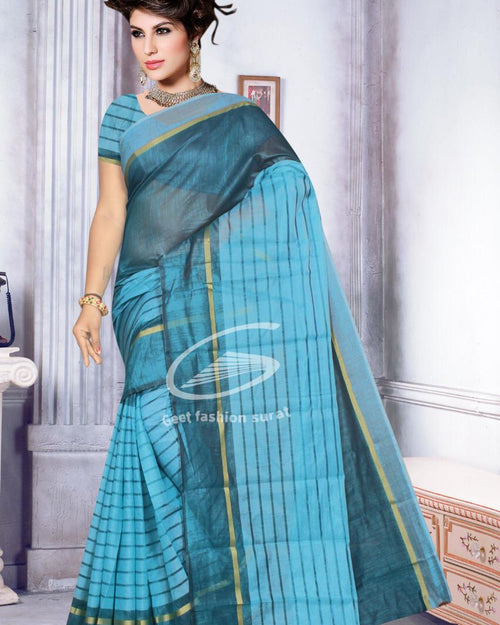 SOFT COTTON SAREE, a woman modeling a blue and teal saree with vertical black stripes and gold-toned borders