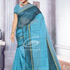 SOFT COTTON SAREE, a woman modeling a blue and teal saree with vertical black stripes and gold-toned borders