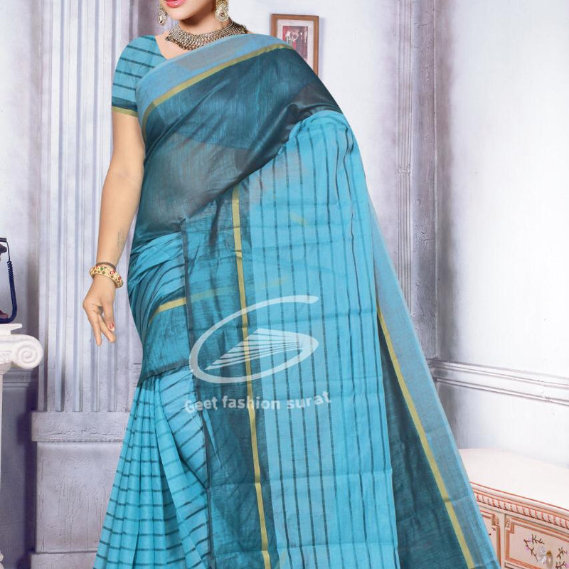 SOFT COTTON SAREE, a woman modeling a blue and teal saree with vertical black stripes and gold-toned borders