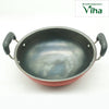 Iron Pan With Stainless Steel Lid, a round dark grey kadhai with a red exterior and two grey side handles
