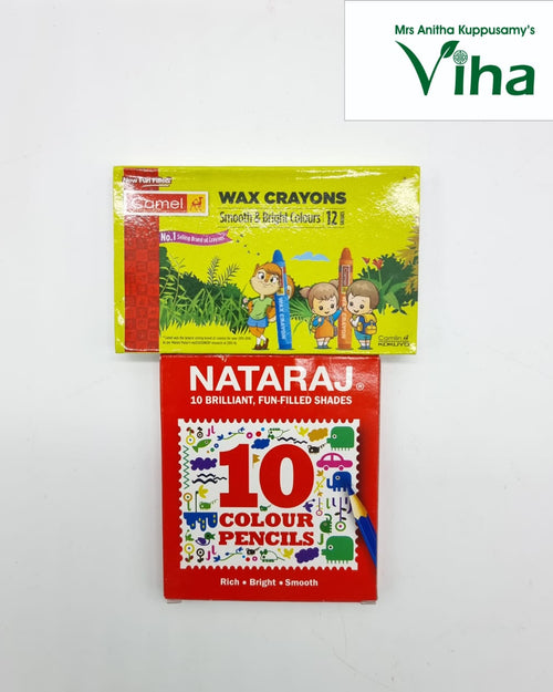 A Camel Wax Crayons box and a Nataraj 10 Colour Pencils box shown together, one colour pencil visible