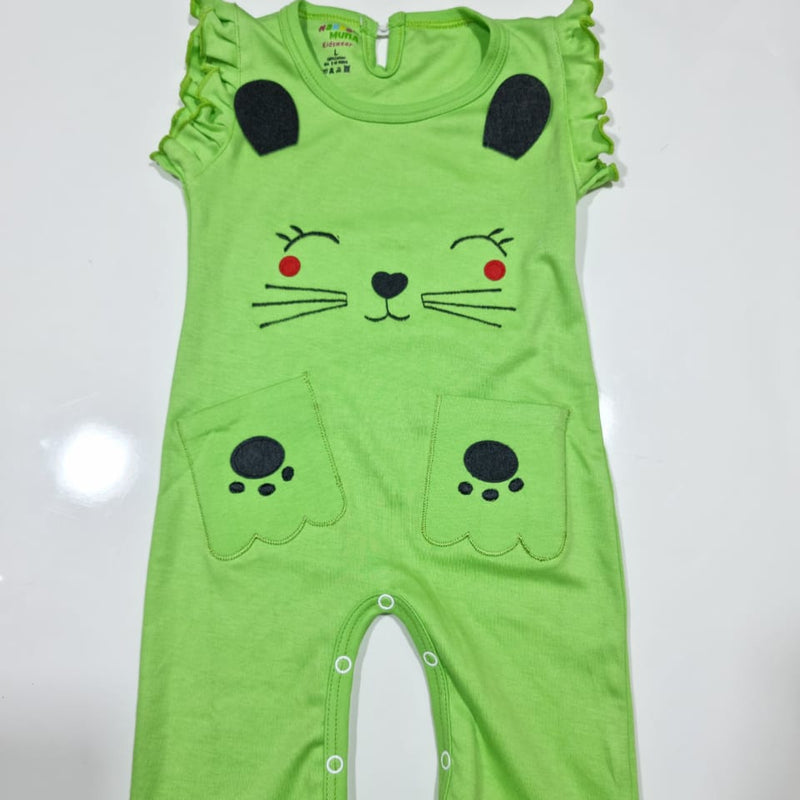 Kids Wear Jumpsuit with a cat face design, pointed ears, and paw print pockets in light green