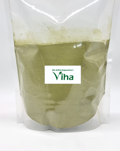 Arappu Powder, a transparent glossy plastic stand-up pouch containing fine green powder with a rectangular white label featuring green text in the center