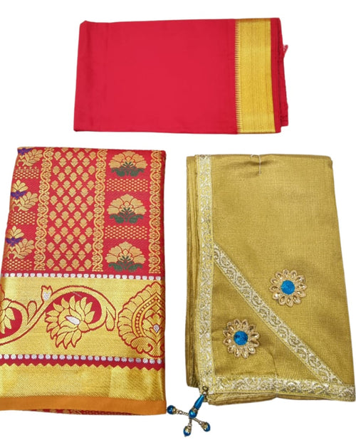 Apoorva Silk Half Saree Set with floral borders and beaded tassel strings
