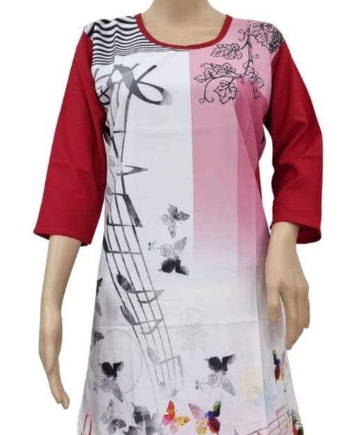 American Crepe Kurti with three-quarter sleeves and a round neckline