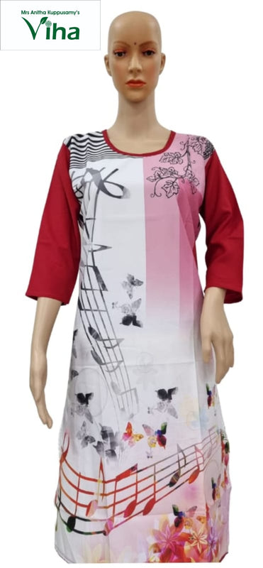 American Crepe Kurti with three-quarter sleeves and a round neckline