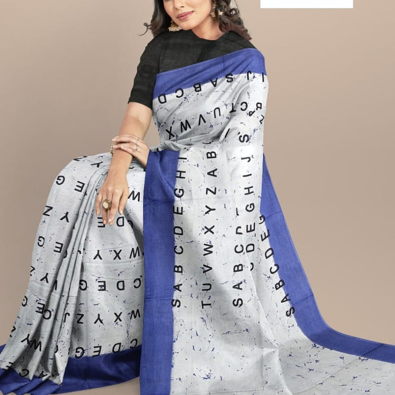 Pure Mulmul Printed Cotton Saree with Blouse, printed alphabet letters and blue borders