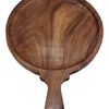 Wooden Pizza Pan / Plate, a brown wooden round tray featuring a raised rim and an attached handle at the bottom with a smooth finish