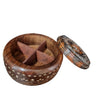 Wooden Dry Fruit Box, brown round wooden container with four internal compartments and a patterned lid resting nearby