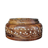 Wooden Dry Fruit Box, a brown-toned round container with a stepped lid and white diamond-shaped and scalloped leaf patterns on its curved body