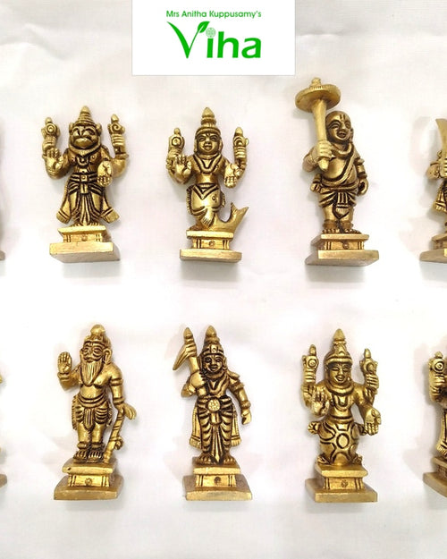 Dasavatharam set, ten small standing figures arranged in two rows, each with different headwear and attributes
