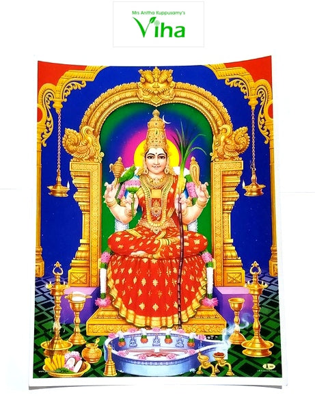 Kamatchi Amman Photo - Big, Kamatchi Amman seated within a gold arch in a red sari, lamps and offerings at the base