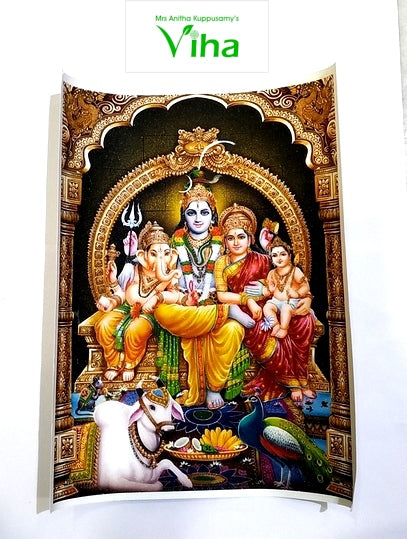 Sivan Family Photos - Big, Shiva and Parvati with Ganesha and Murugan in a dark carved arch, Nandi and the peacock below