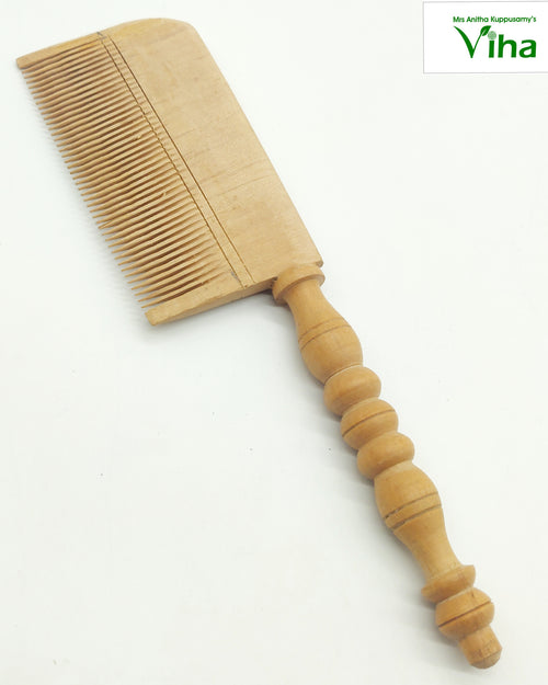 Herbal Wooden Comb, a light-brown textured wooden comb featuring a flat rectangular body with numerous fine teeth and a rounded carved handle with six beads