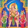 Madurai Veeran Photo, a colourful print featuring a central male figure holding a sword, flanked by two smaller female figures, with a dog and horse below
