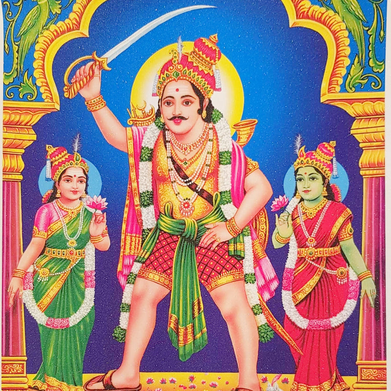 Madurai Veeran Photo, a colourful print featuring a central male figure holding a sword, flanked by two smaller female figures, with a dog and horse below