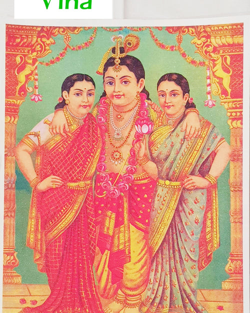 Bama Rukmani Krishna Photo - Big, Krishna standing between Rukmini and Satyabhama, all three in red and gold