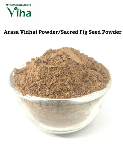 Arasa Vidhai Powder / Sacred Fig Powder, a round clear bowl filled with textured brown powder against a white background
