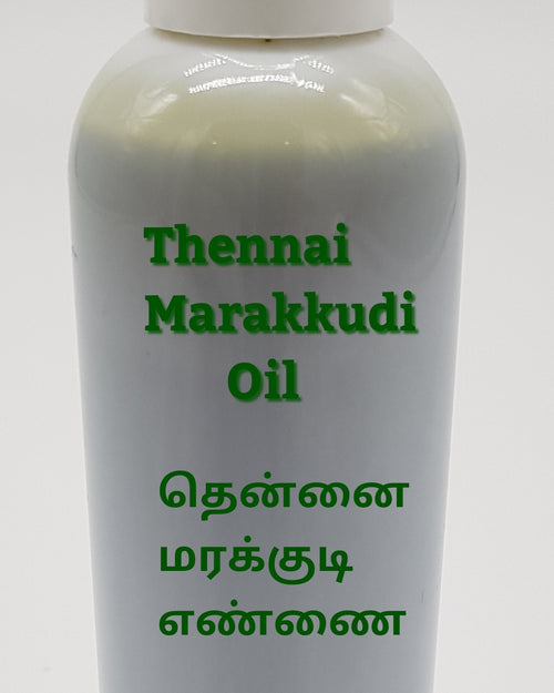 Thennai Marakkudi Oil, a white bottle with smooth glossy finish and flat cap featuring green text and a rectangular logo containing green writing