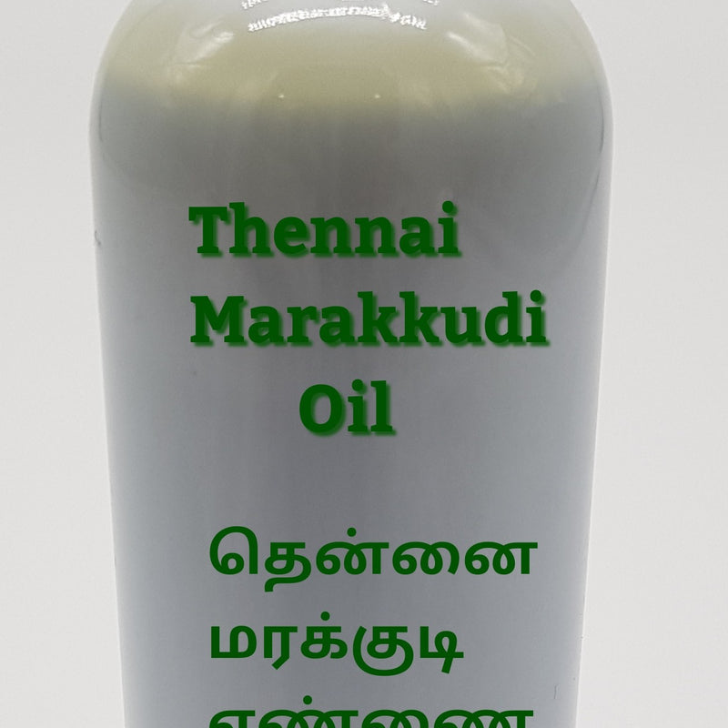 Thennai Marakkudi Oil, a white bottle with smooth glossy finish and flat cap featuring green text and a rectangular logo containing green writing