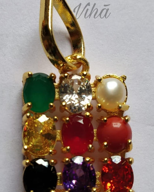 Square Shape Navaratnam Pendant, nine coloured stones set in a three by three grid